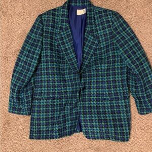 Vintage Green & Blue Plaid Womens Blazer - Classic Tailored Style
